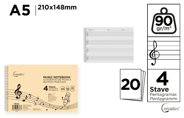 CUADERNO DE MÚSICA 4 PENTAGRAMAS A5 CERVANTES