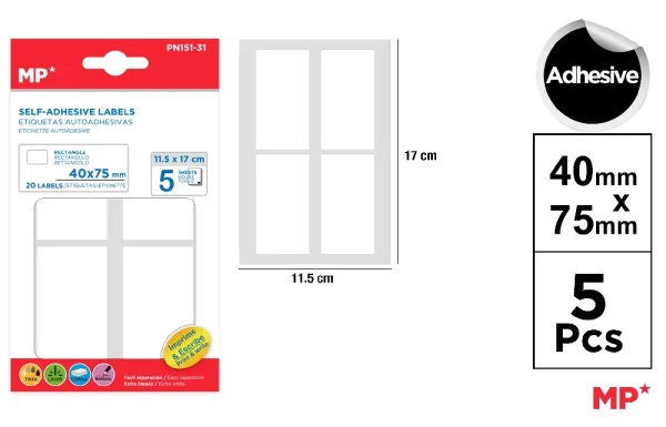 ETIQUETAS BLANCAS ø 40 x 75 mm 20 Uds. 5 HOJAS