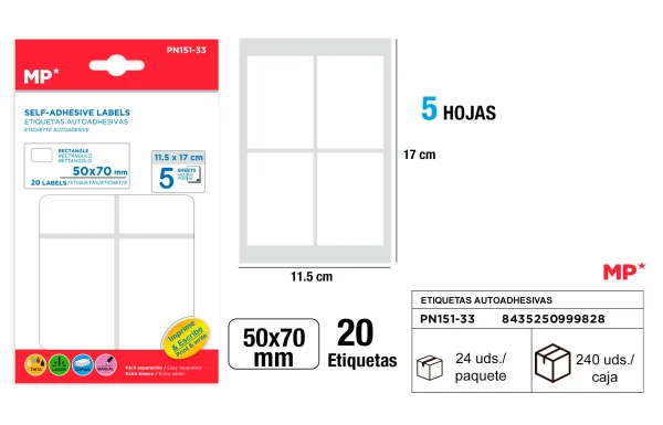 ETIQUETAS BLANCAS ø 50 x 70 cm mm 20 Uds. 5 HOJAS