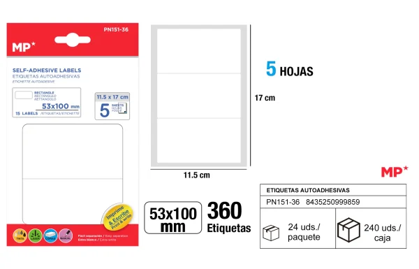 ETIQUETAS BLANCAS ø 53 x 100 mm 15 Uds. 5 HOJAS